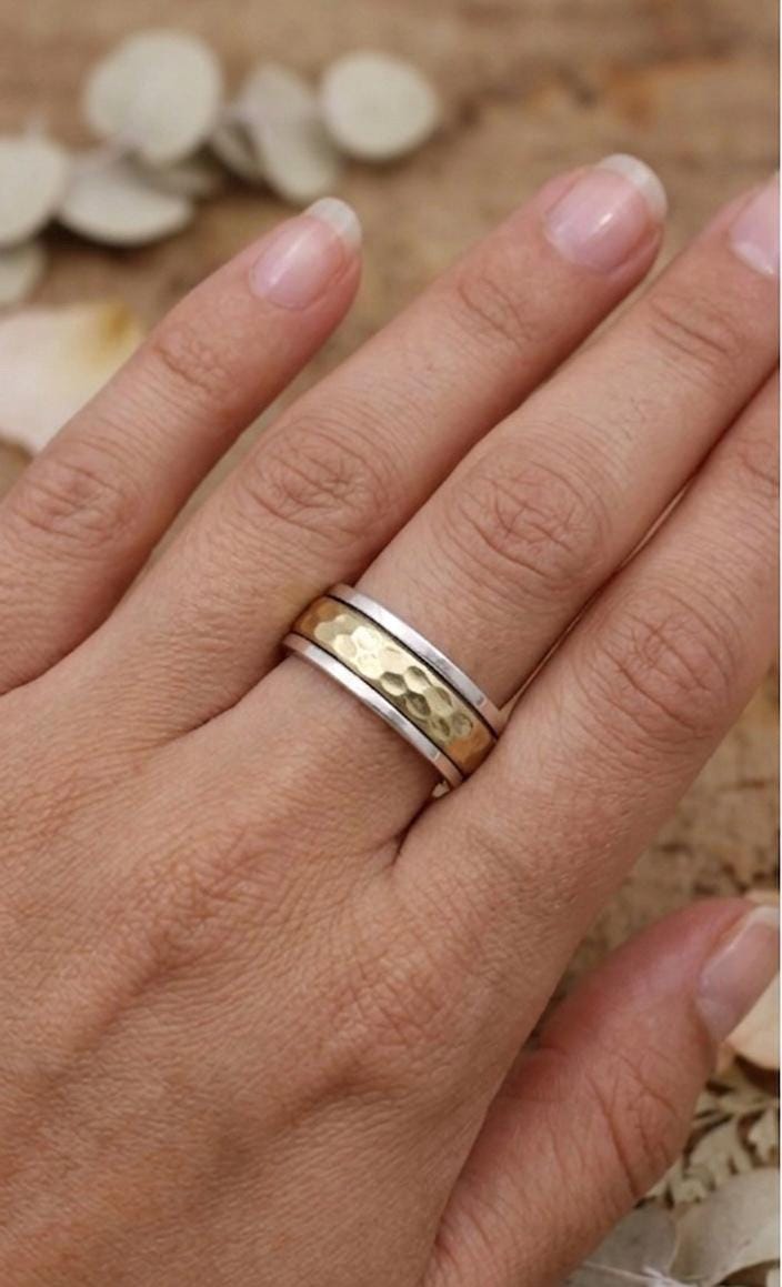 Sterling Silver Hammered Spinner Ring, Mixed Metal Meditation Band, Two-Tone Worry Ring