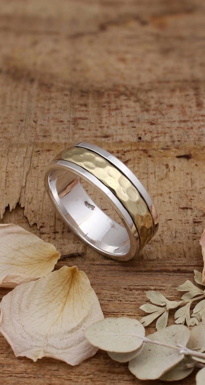 Sterling Silver Hammered Spinner Ring, Mixed Metal Meditation Band, Two-Tone Worry Ring