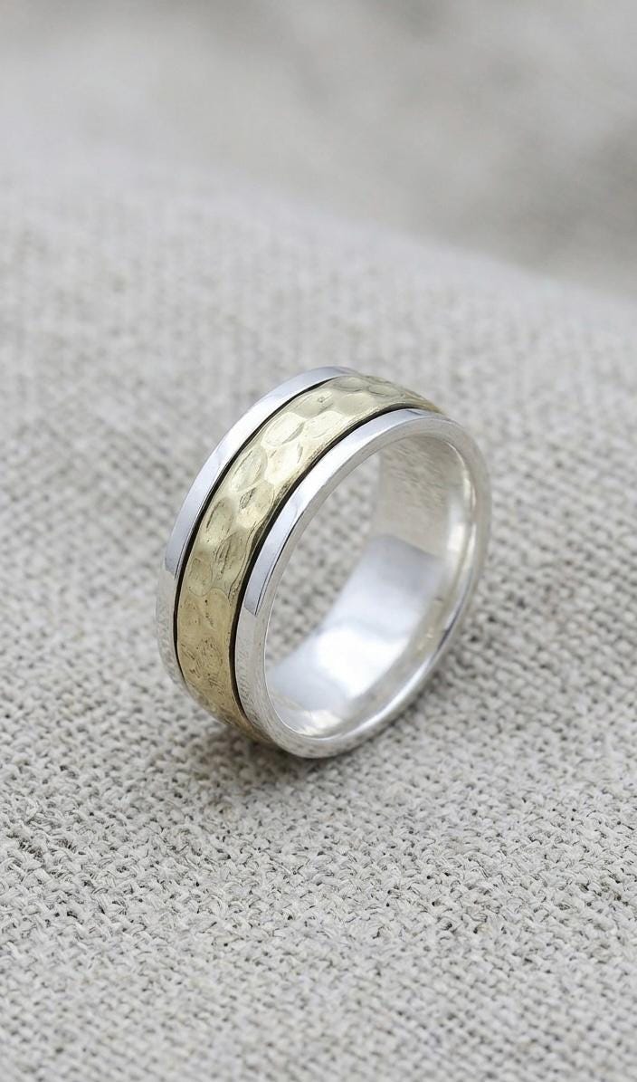 Sterling Silver Hammered Spinner Ring, Mixed Metal Meditation Band, Two-Tone Worry Ring