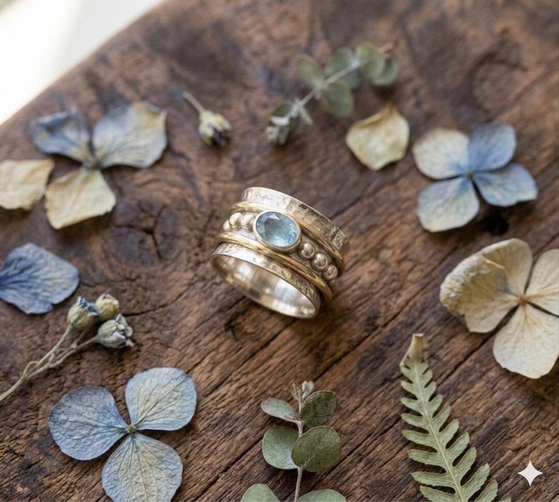 Natural Aquamarine Spinner Ring, Hammered Sterling Silver Boho Statement Jewelry