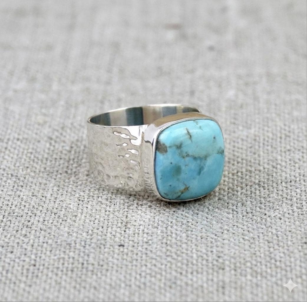 Mohave Turquoise Cushion Cut Ring, Hammered Sterling Silver Band, Boho Southwestern Jewelry