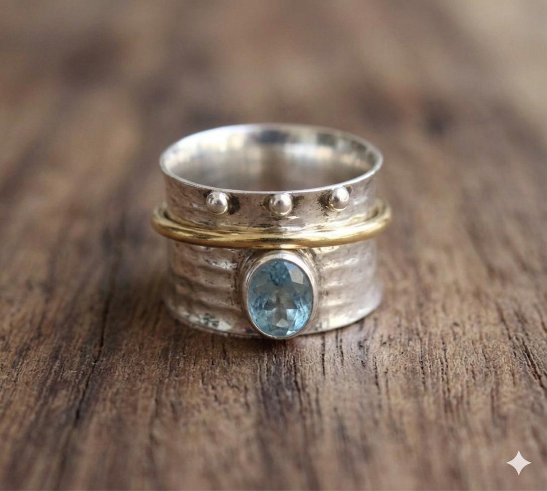 Oval Blue Topaz Spinner Ring, Hammered Sterling Silver Boho Statement Jewelry