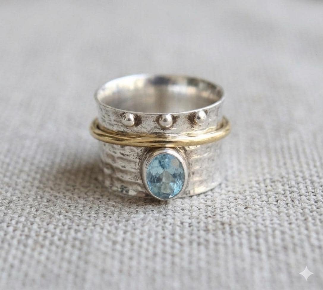 Oval Blue Topaz Spinner Ring, Hammered Sterling Silver Boho Statement Jewelry
