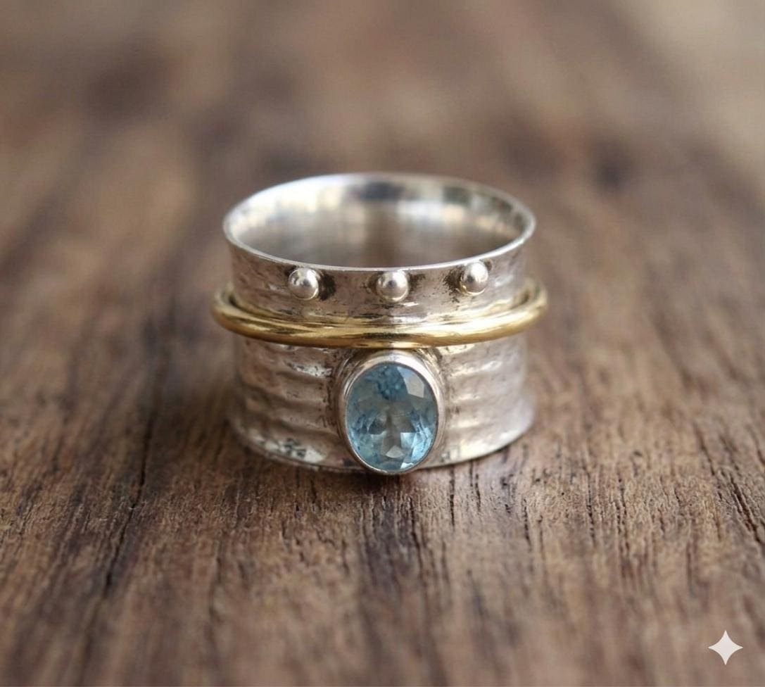 Oval Blue Topaz Spinner Ring, Hammered Sterling Silver Boho Statement Jewelry
