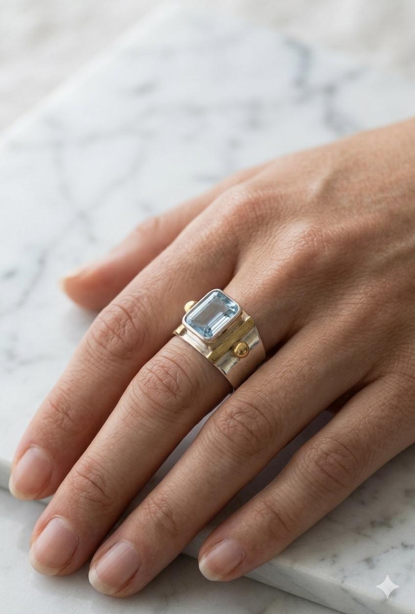 Blue Topaz Emerald Cut Spinner Ring, Two-Tone Sterling Silver Wide Band