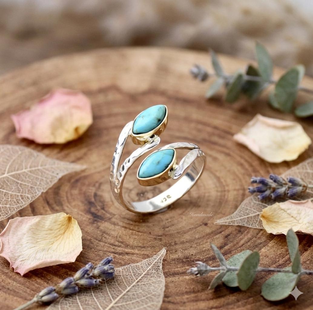 Adjustable Mohave Turquoise Marquise Ring, Sterling Silver Hammered Band, Boho Jewelry