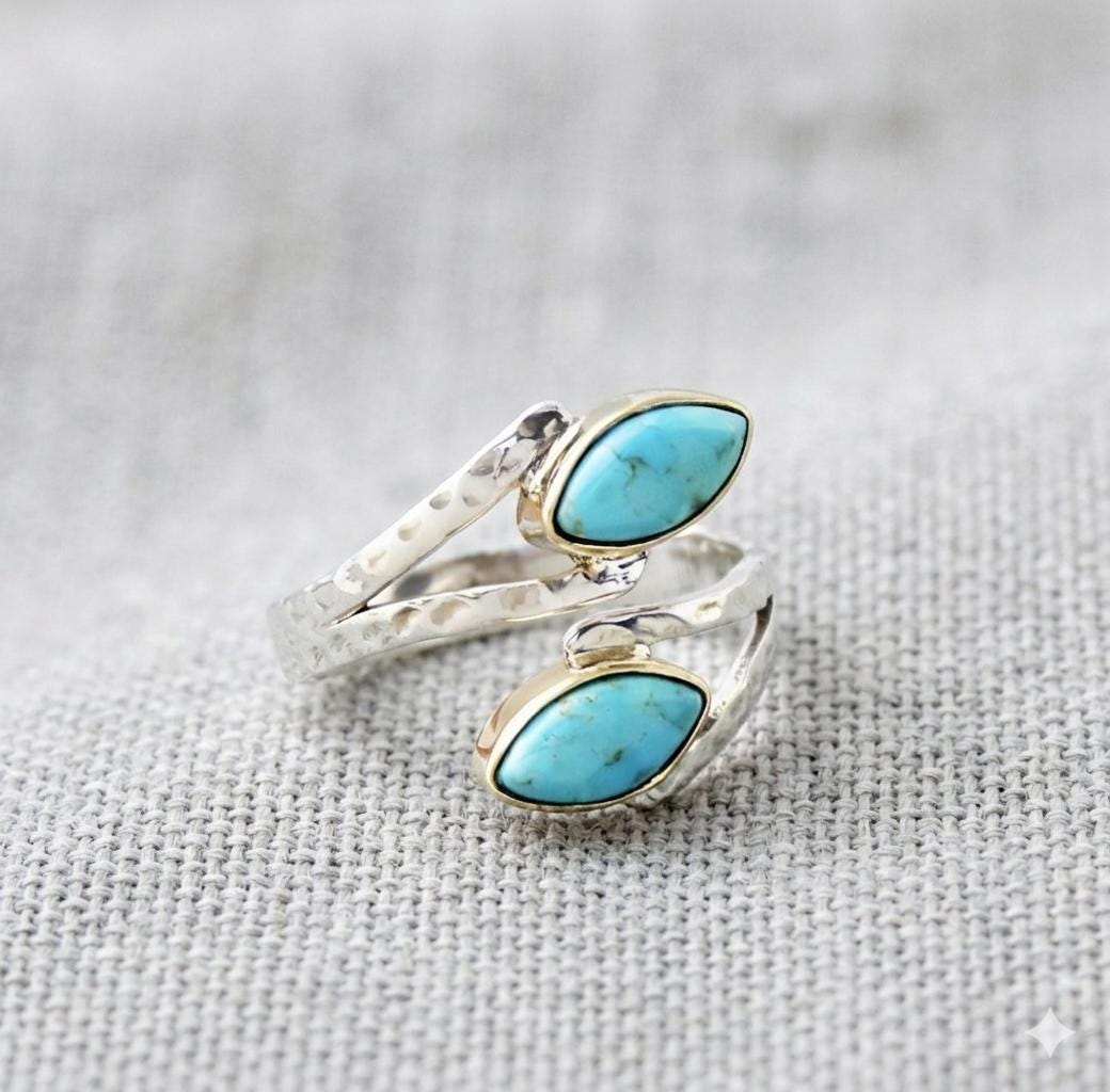 Adjustable Mohave Turquoise Marquise Ring, Sterling Silver Hammered Band, Boho Jewelry