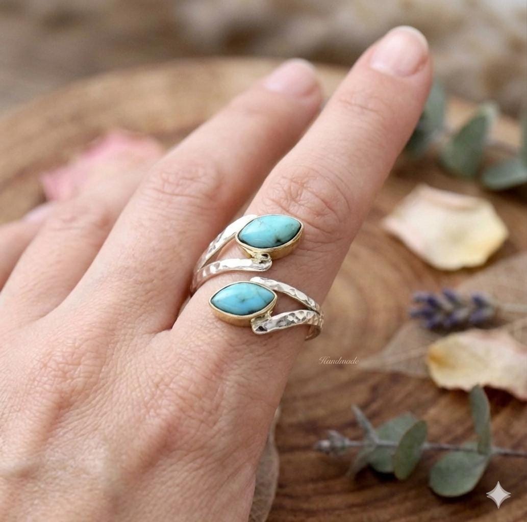 Adjustable Mohave Turquoise Marquise Ring, Sterling Silver Hammered Band, Boho Jewelry