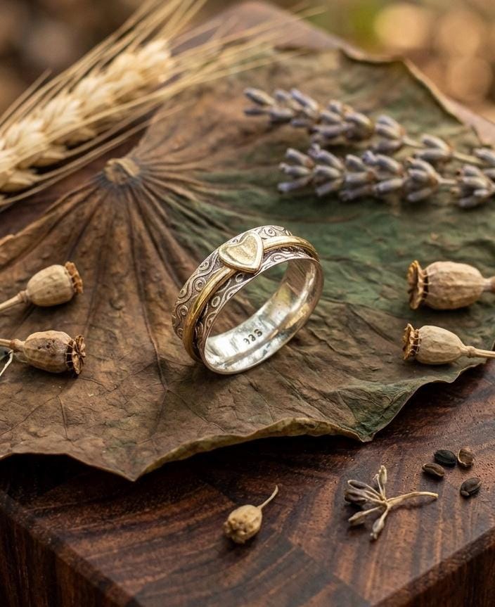 Sterling Silver Heart Spinner Ring, Two Tone Anxiety Fidget Band, Hammered Boho Style