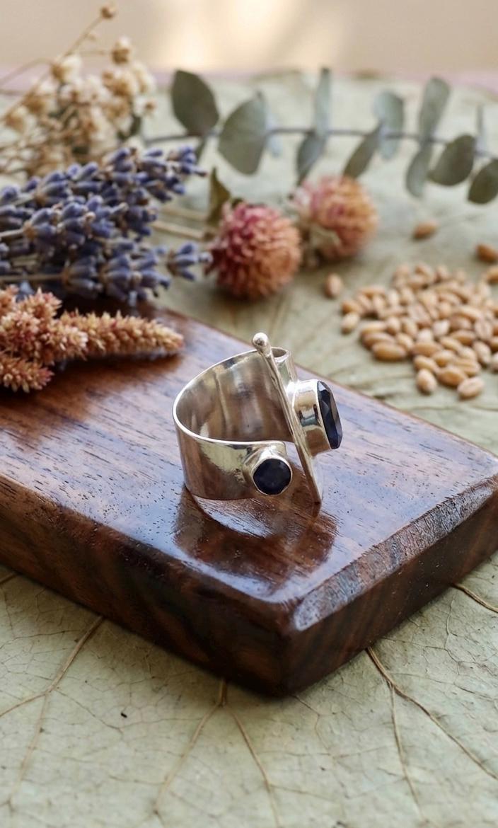 Handmade Silver Open Ring, Black Onyx Stone, Adjustable Statement, Modern Geometric Jewelry