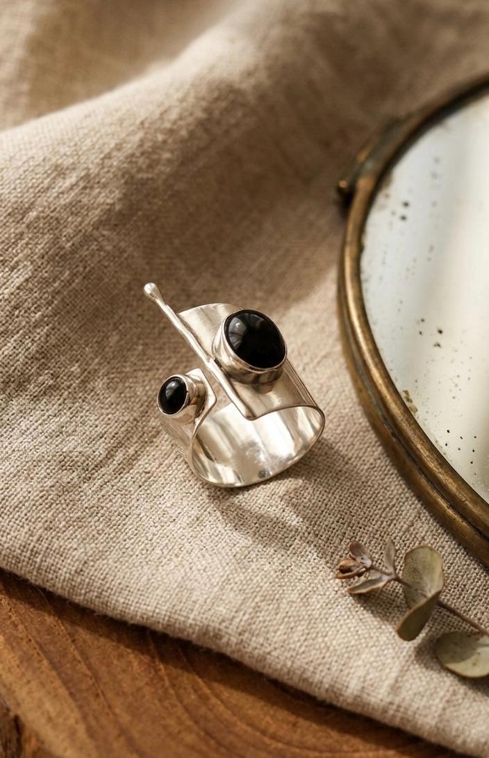 Handmade Silver Open Ring, Black Onyx Stone, Adjustable Statement, Modern Geometric Jewelry