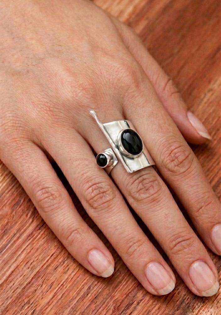 Handmade Silver Open Ring, Black Onyx Stone, Adjustable Statement, Modern Geometric Jewelry