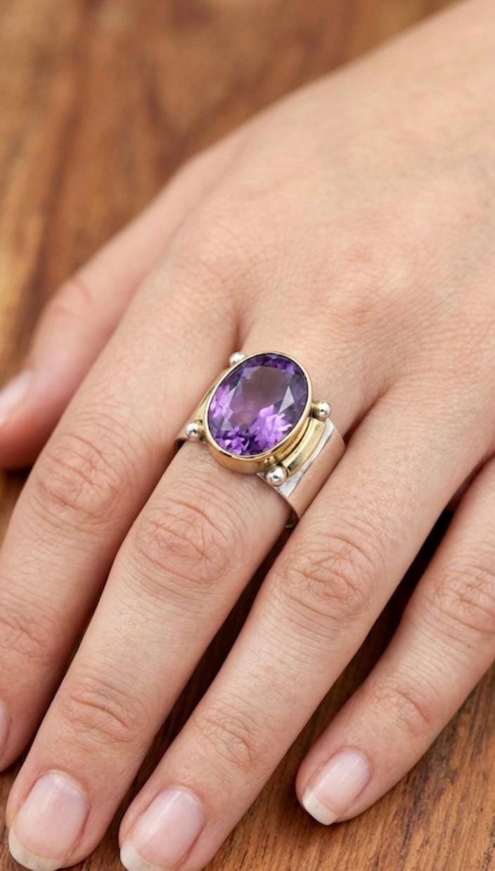 Amethyst Gold Bezel Sterling Silver Statement Ring, February Birthstone Jewelry