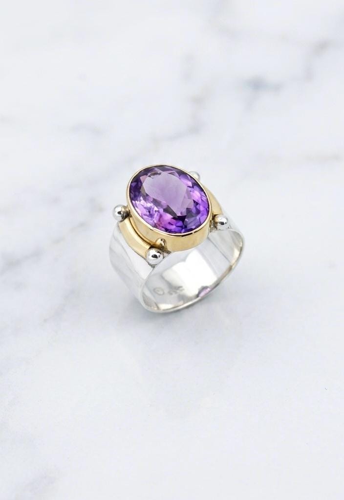 Amethyst Gold Bezel Sterling Silver Statement Ring, February Birthstone Jewelry