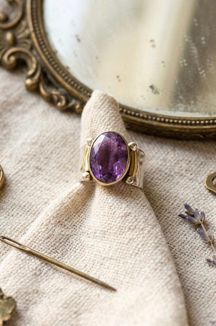 Amethyst Gold Bezel Sterling Silver Statement Ring, February Birthstone Jewelry