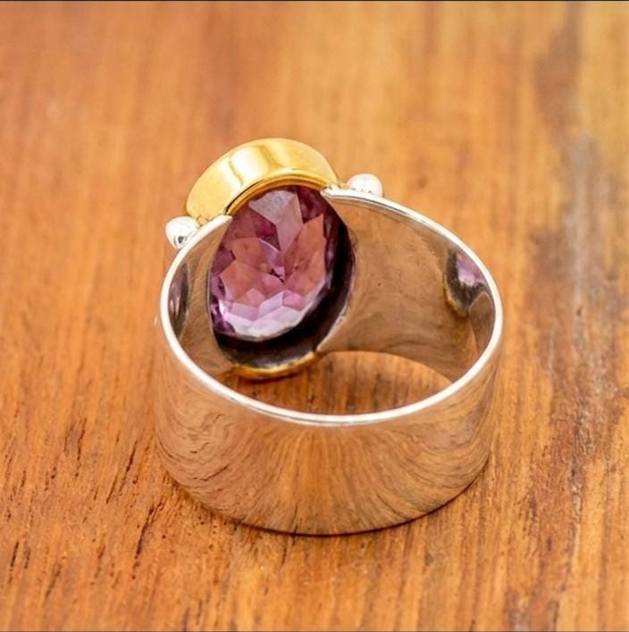Amethyst Gold Bezel Sterling Silver Statement Ring, February Birthstone Jewelry