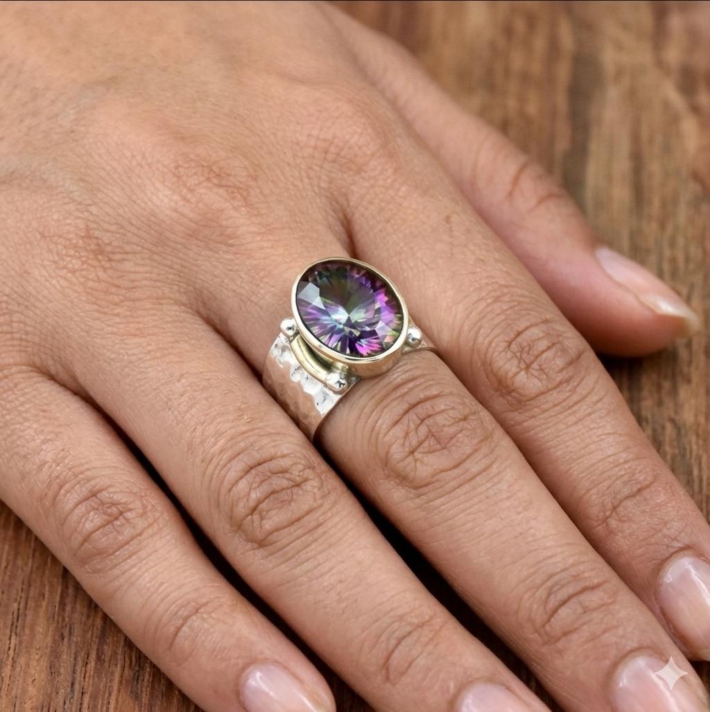 Handmade Mystic Topaz Statement Ring, 925 Sterling Silver, Gold Bezel, Wide Band Artisan Jewelry