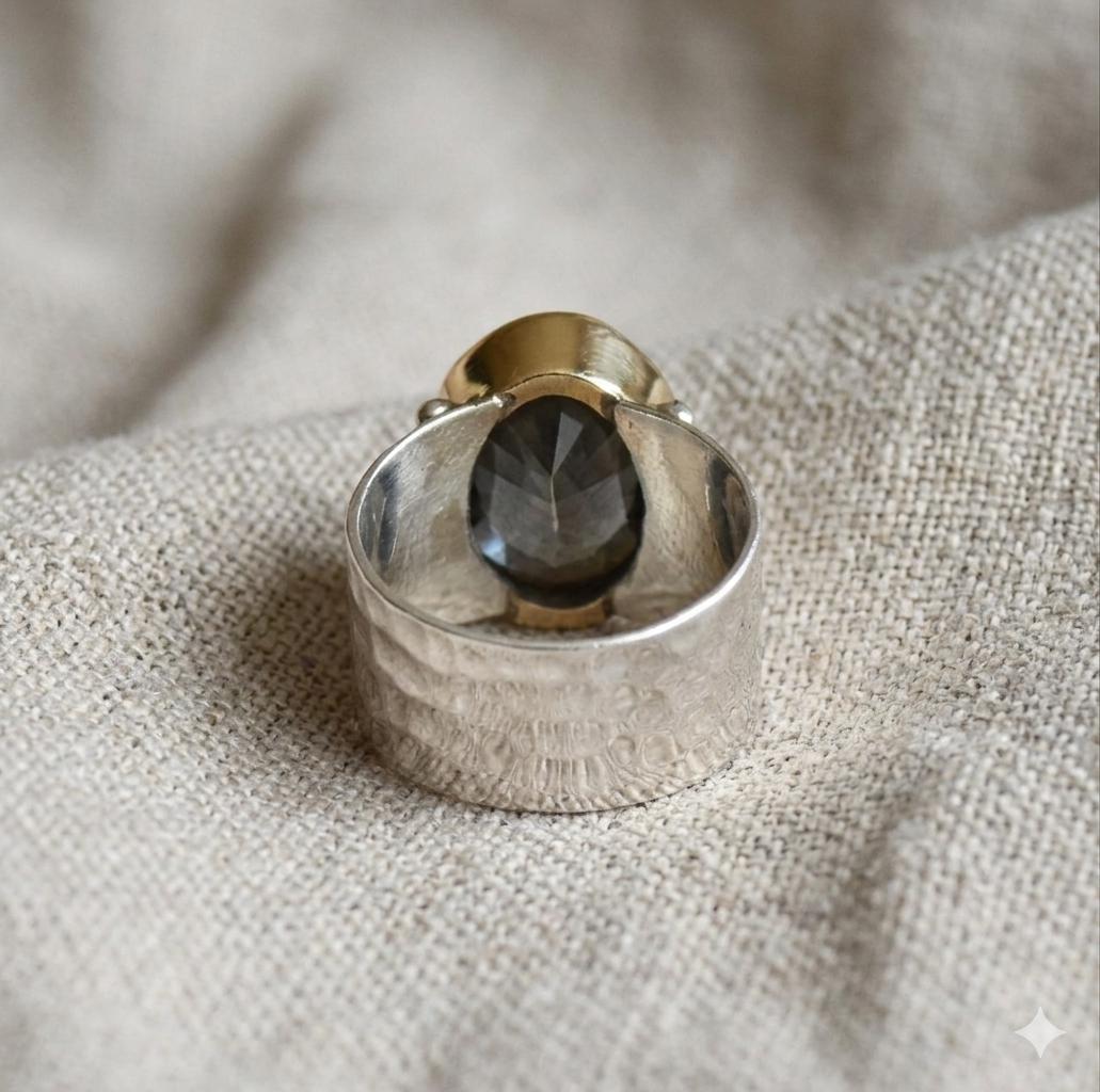 Handmade Mystic Topaz Statement Ring, 925 Sterling Silver, Gold Bezel, Wide Band Artisan Jewelry