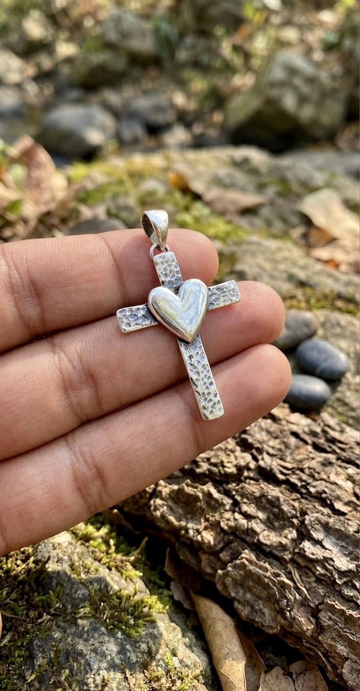 Sterling Silver Cross Heart Pendant, Minimalist Hammered Religious Necklace Charm
