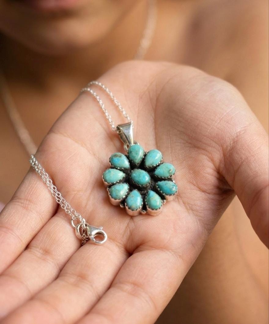Mohave Turquoise Flower Pendant, Sterling Silver Boho Charm, Oxidized Floral Statement Jewelry