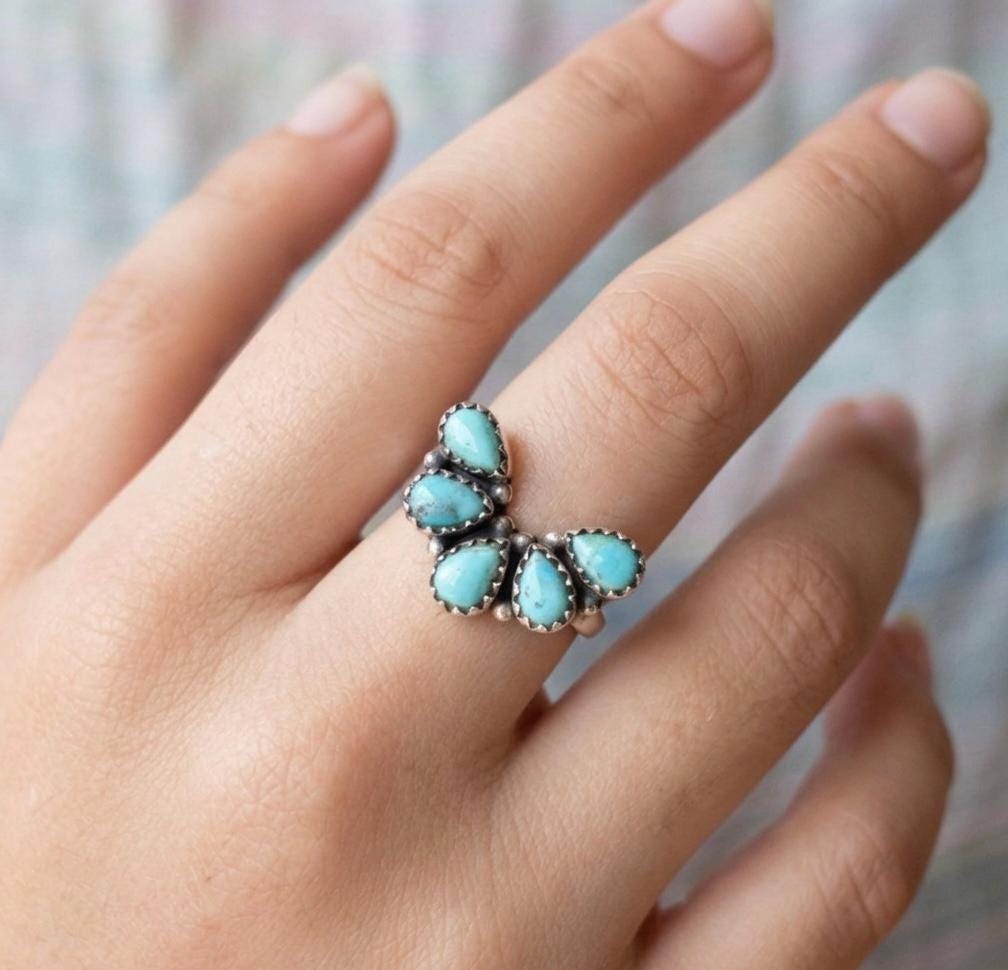 Mohave Turquoise Cluster Ring, 925 Sterling Silver, Boho Southwestern Statement Jewelry