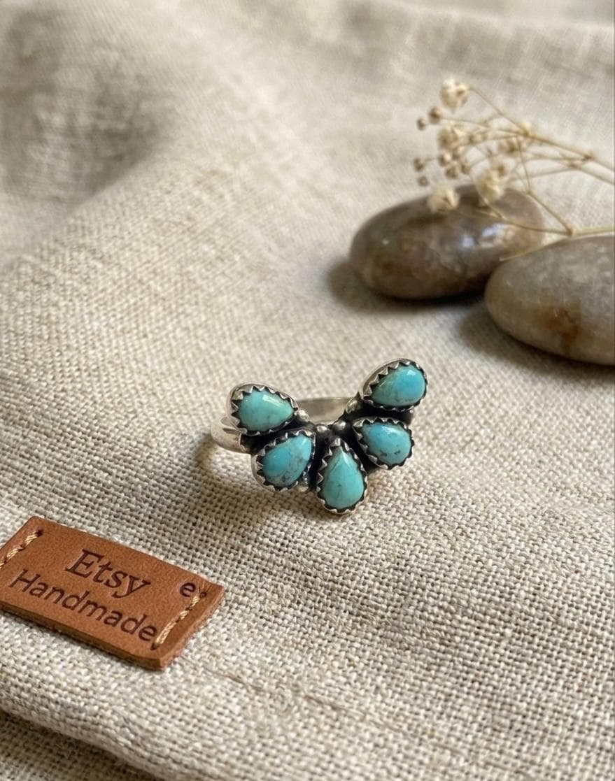 Mohave Turquoise Cluster Ring, 925 Sterling Silver, Boho Southwestern Statement Jewelry