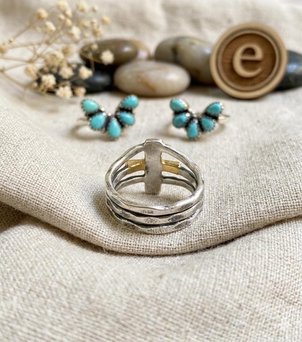 Two-Tone Gold Cross Sterling Silver Ring, Minimalist Faith Jewelry