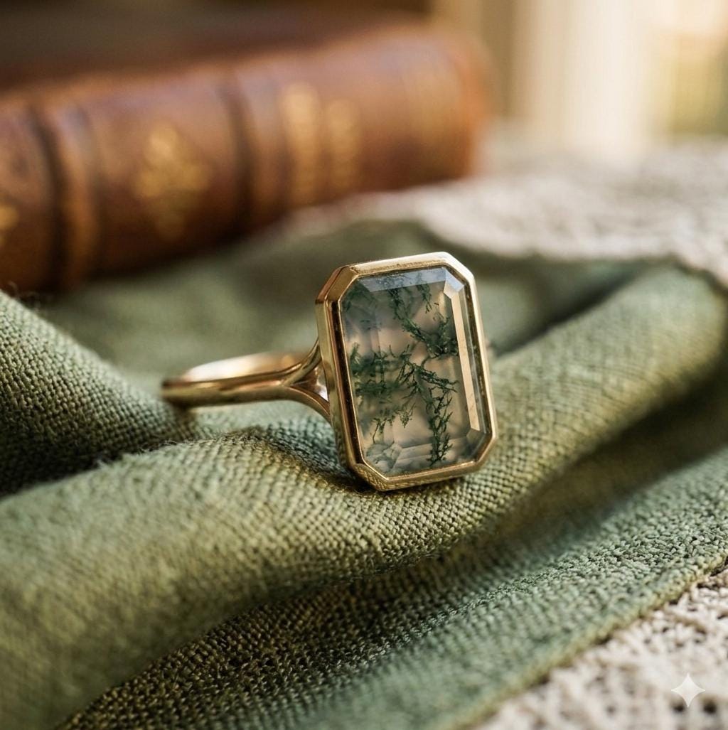 Moss Agate Hexagon Ring, Handmade 925 Silver Nature Statement Jewelry