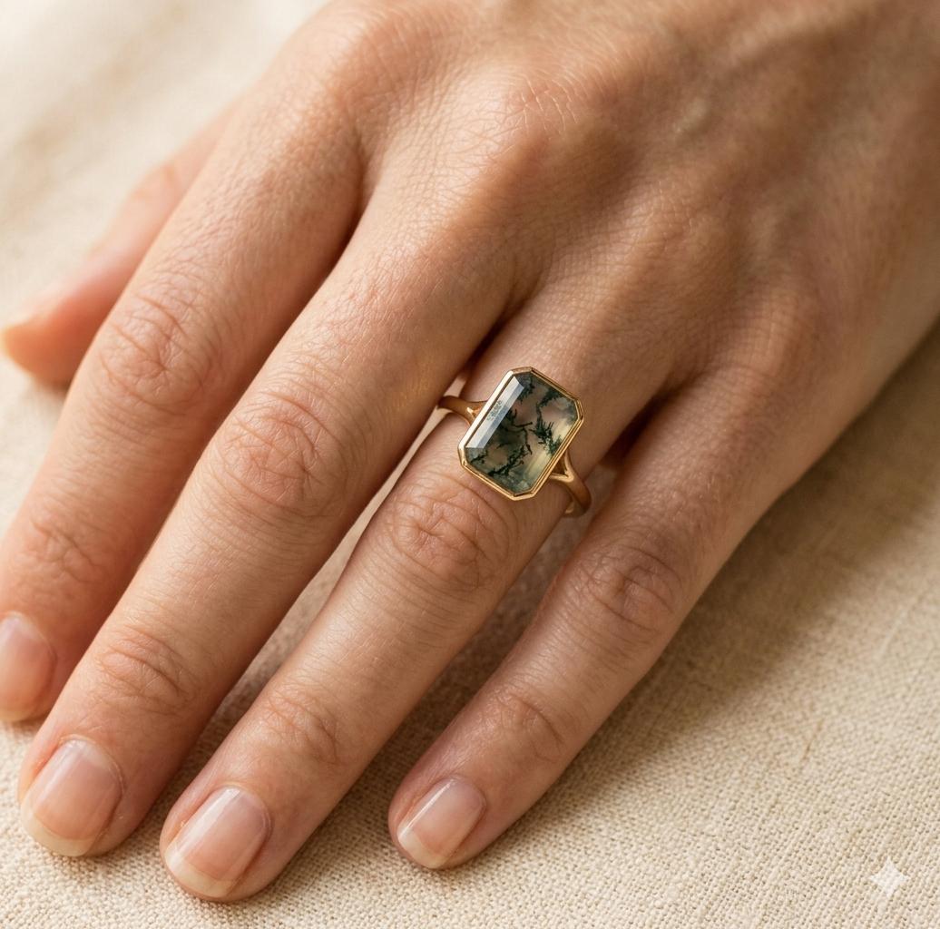 Moss Agate Hexagon Ring, Handmade 925 Silver Nature Statement Jewelry