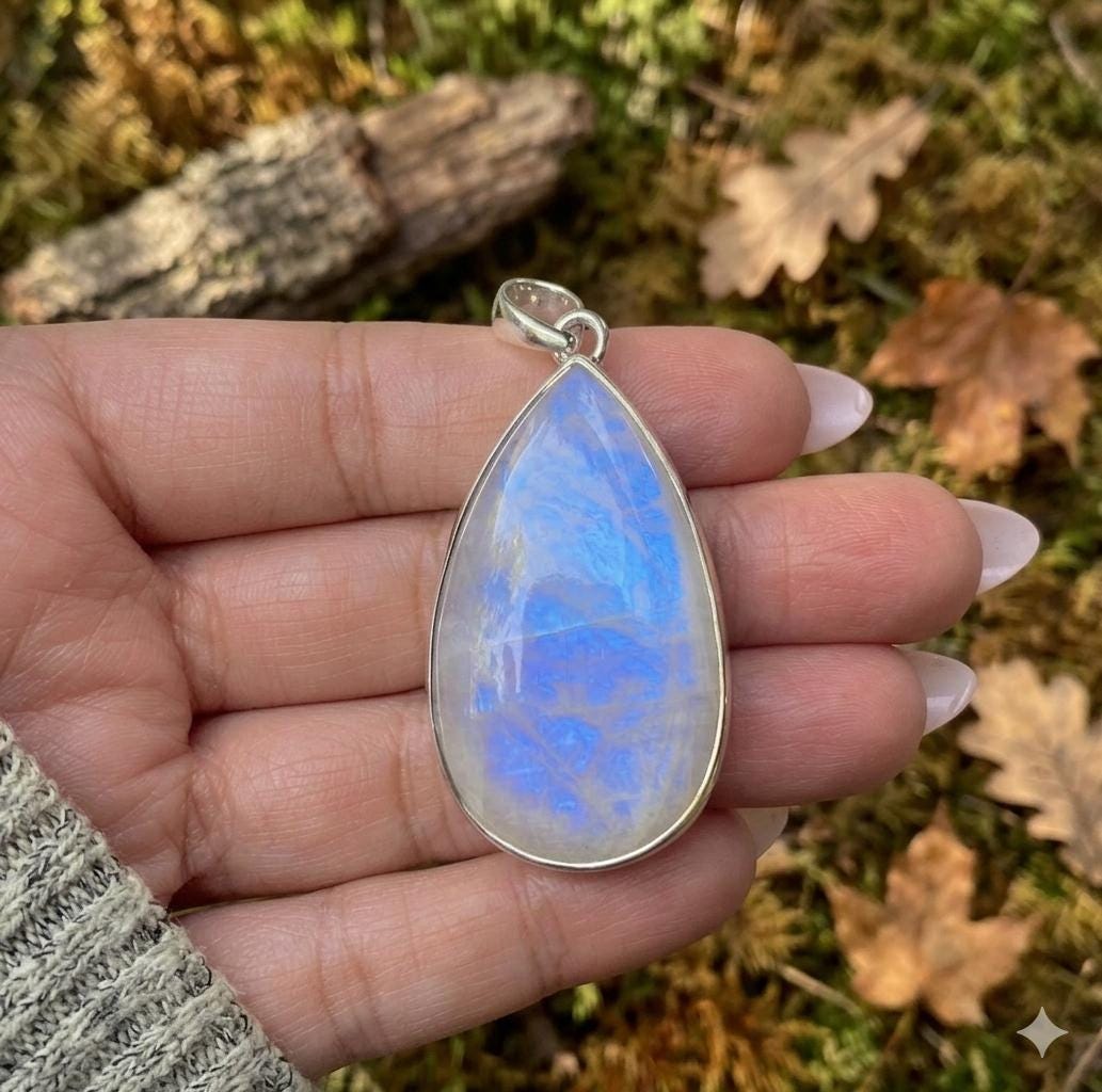Blue Fire Moonstone Teardrop Pendant, 925 Silver Boho Minimalist Jewelry