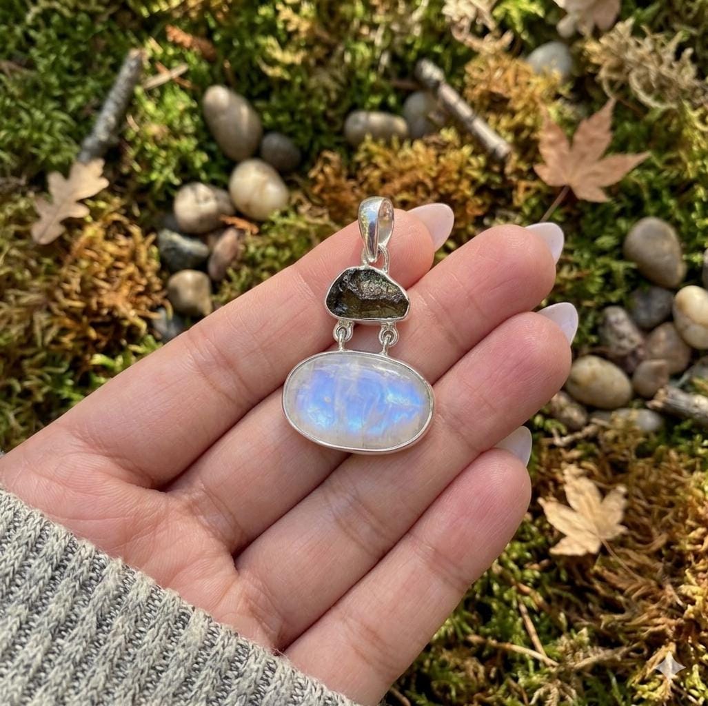 Handmade Moonstone Moldavite Sterling Silver Necklace, Blue Flash Oval Gemstone