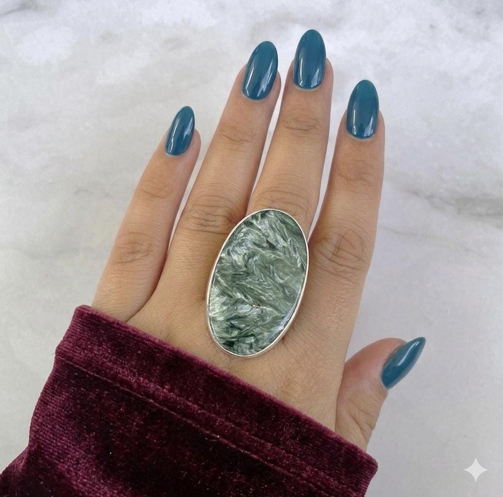 Green Seraphinite Oval Statement Ring, Handmade Boho Artisan Silver Jewelry