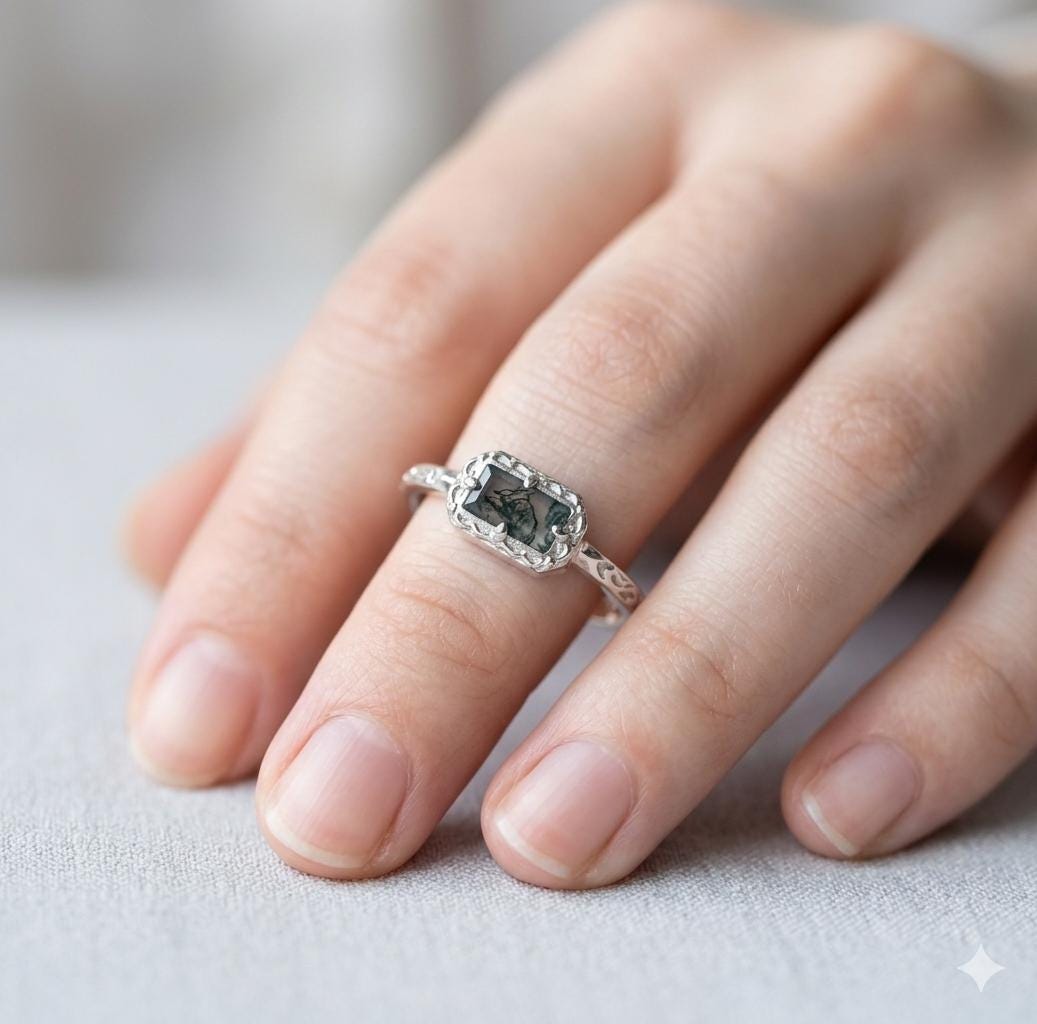 Rectangular Moss Agate Ring, Sterling Silver Vintage Band, Rose Gold Plated, Minimalist Style