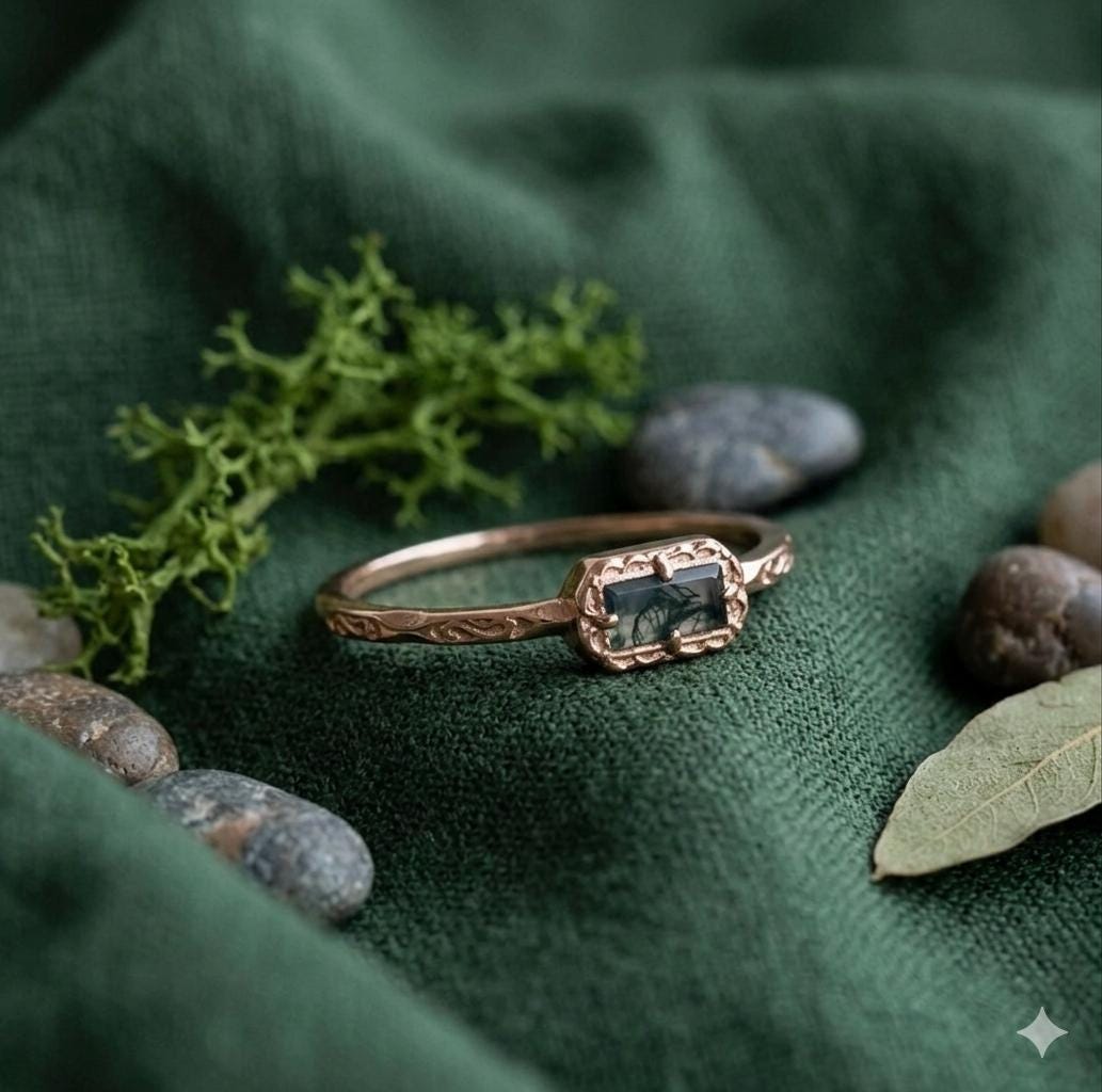 Rectangular Moss Agate Ring, Sterling Silver Vintage Band, Rose Gold Plated, Minimalist Style