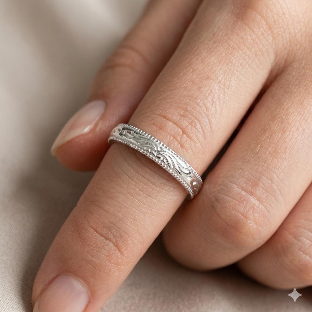 Engraved Floral Sterling Silver Band Ring, Vintage Milgrain Wedding Stackable Jewelry