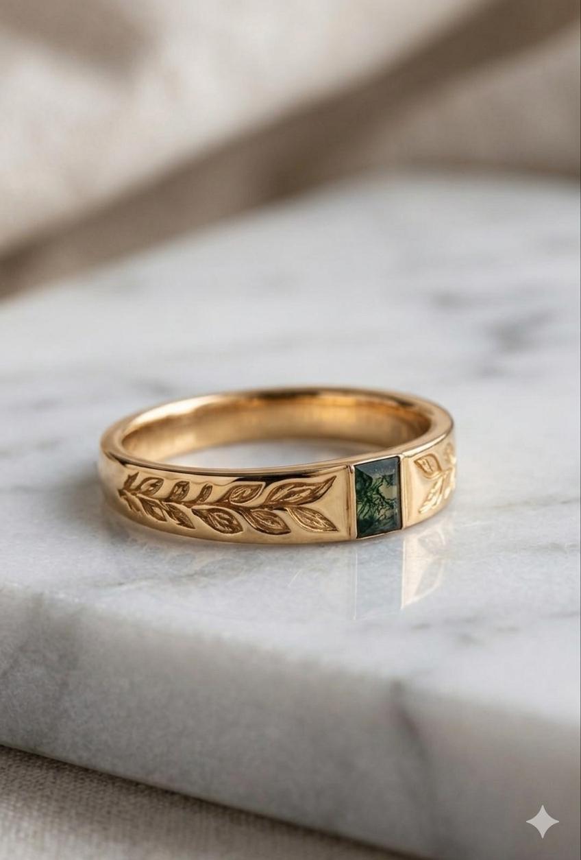 Engraved Leaf Ring, Rectangular Green Gemstone, Silver Gold Rose Gold Band