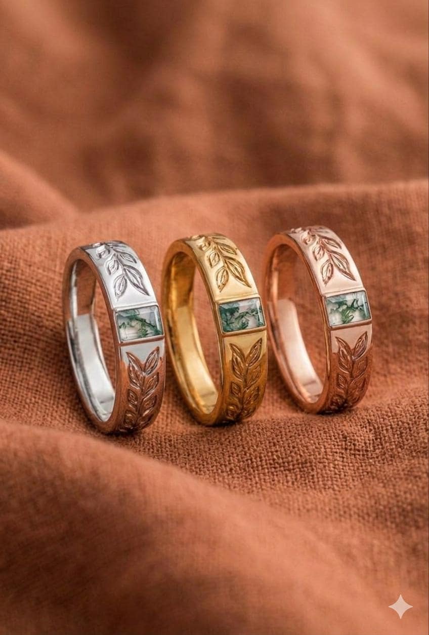 Engraved Leaf Ring, Rectangular Green Gemstone, Silver Gold Rose Gold Band