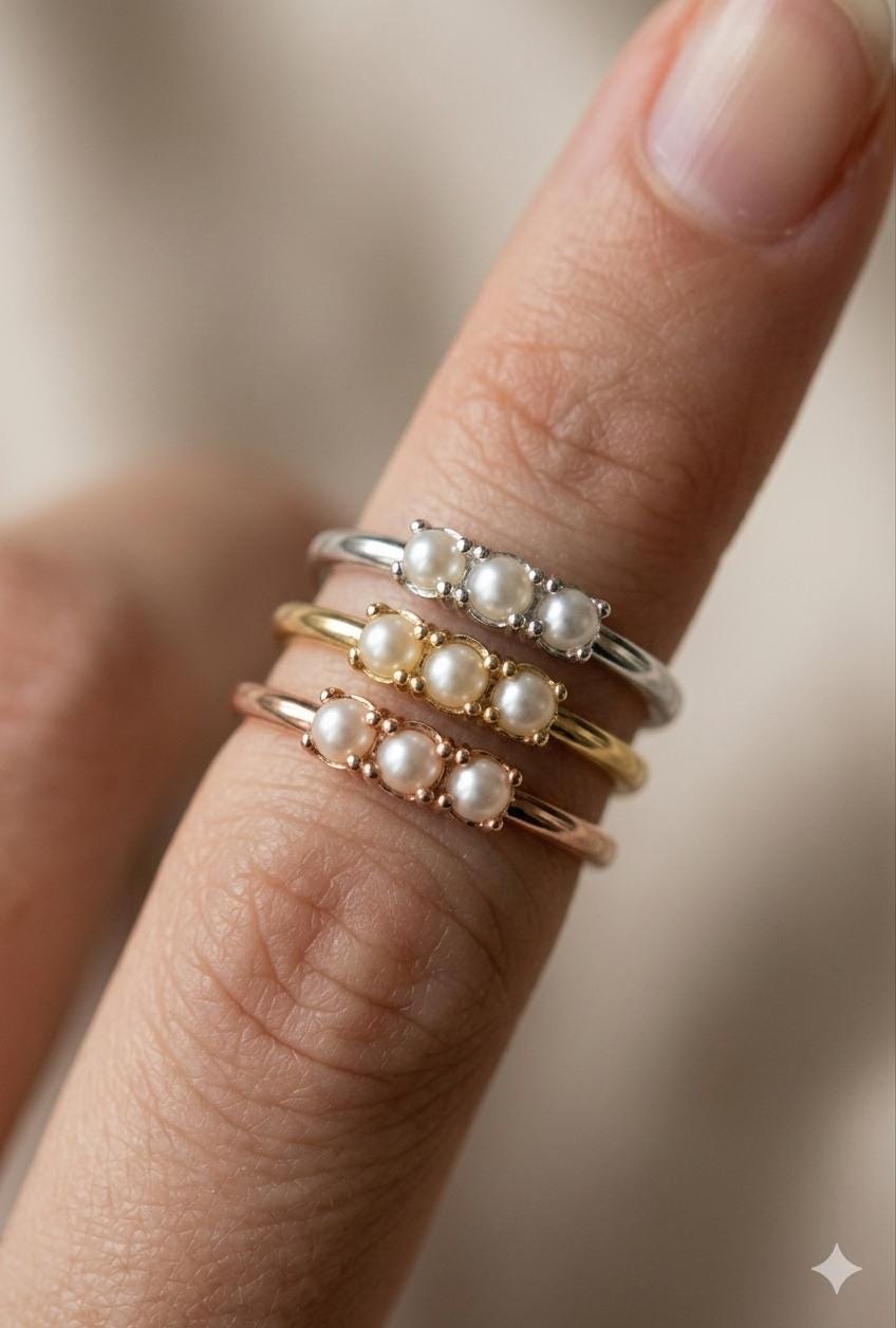 Pearl Stacking Ring Set, Sterling Silver Gold Rose Gold, Minimalist Band Jewelry