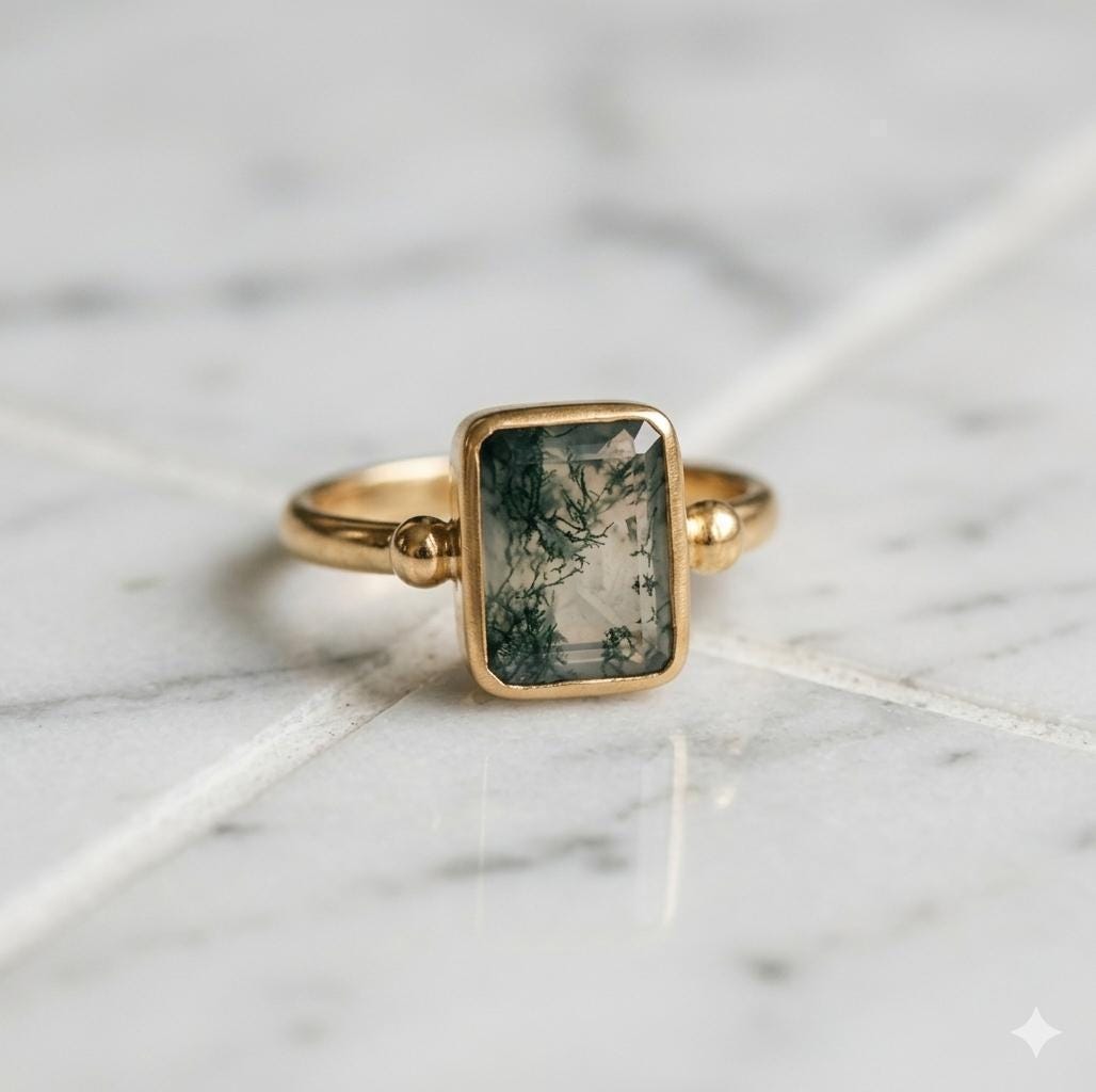 Rectangle Moss Agate Ring, Sterling Silver Gold Rose Gold, Nature Inspired Boho Engagement Dainty