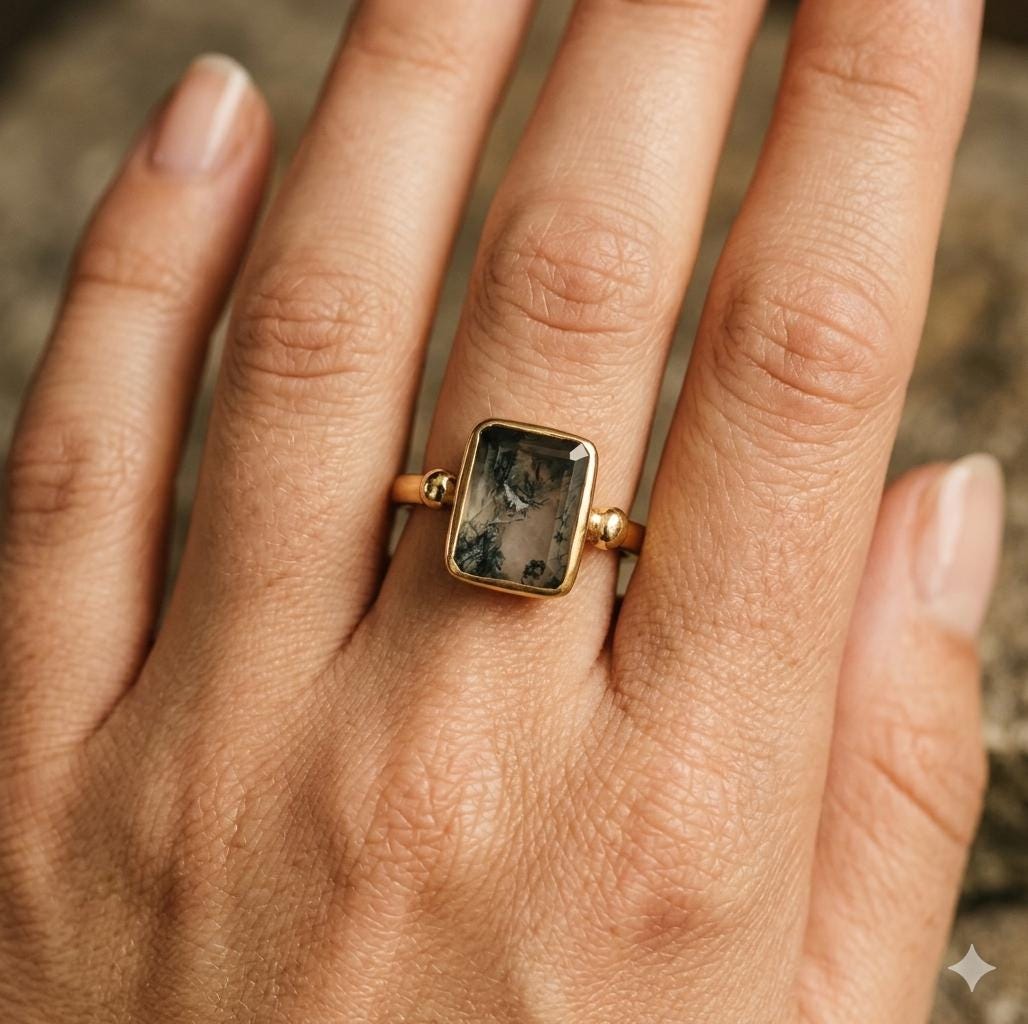 Rectangle Moss Agate Ring, Sterling Silver Gold Rose Gold, Nature Inspired Boho Engagement Dainty