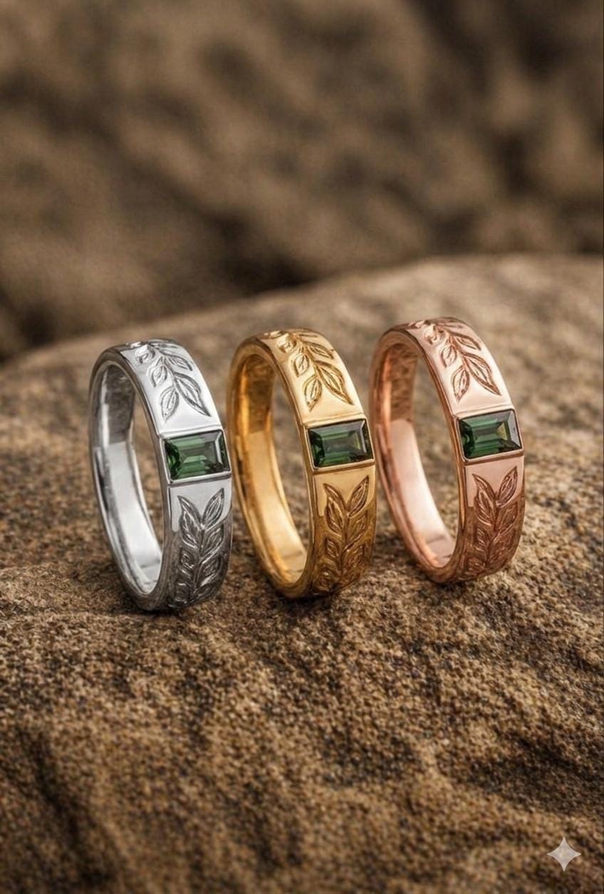 Emerald Green Stone Ring, Sterling Silver Leaf Engraved Band, Nature Inspired Jewelry