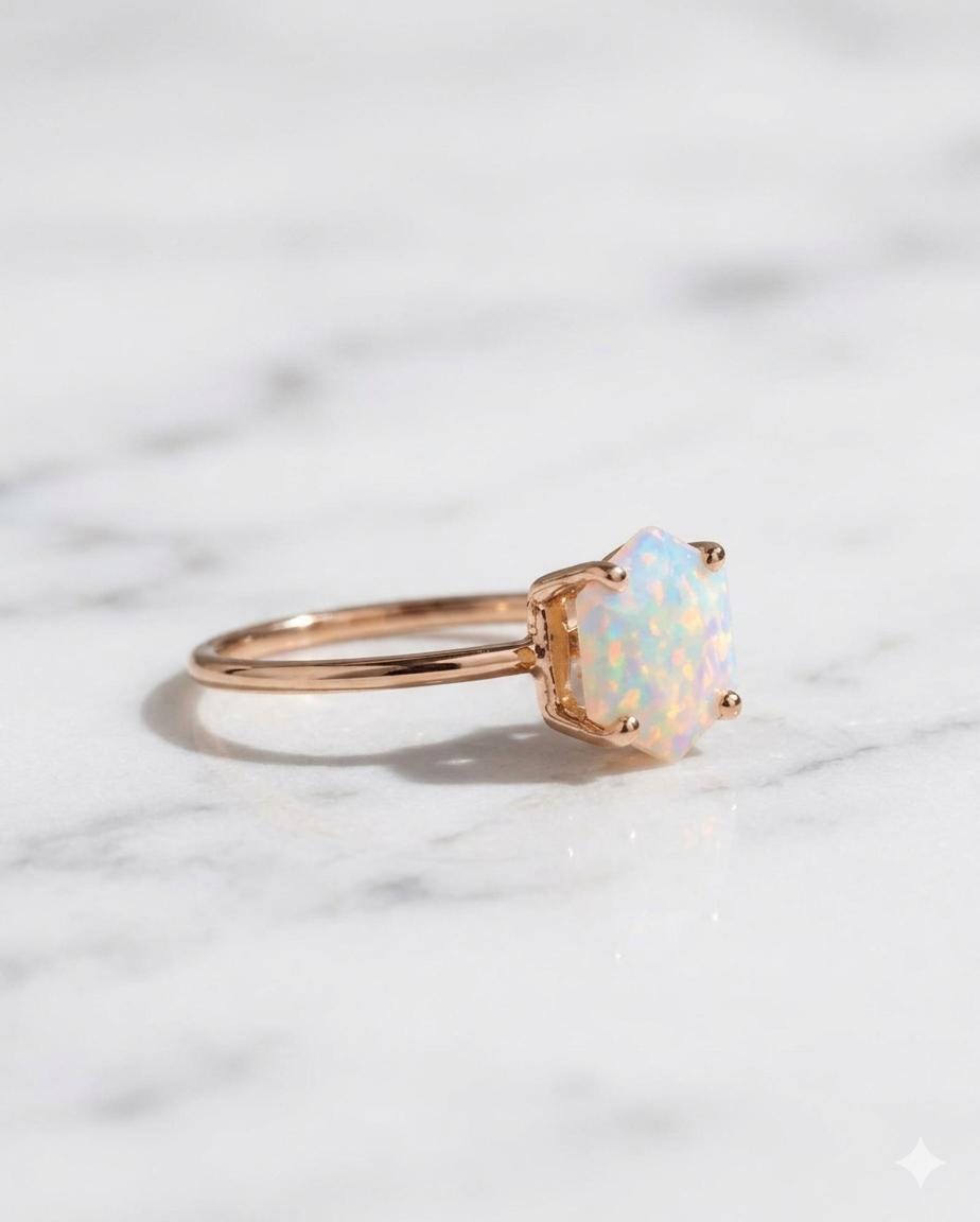 Hexagon Ethiopian Opal Ring, Gold Dainty Band, Minimalist Promise Ring