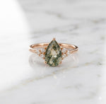 Pear Shaped Moss Agate Ring, Rose Gold, White Topaz Accents, Nature Inspired Bridal Jewelry