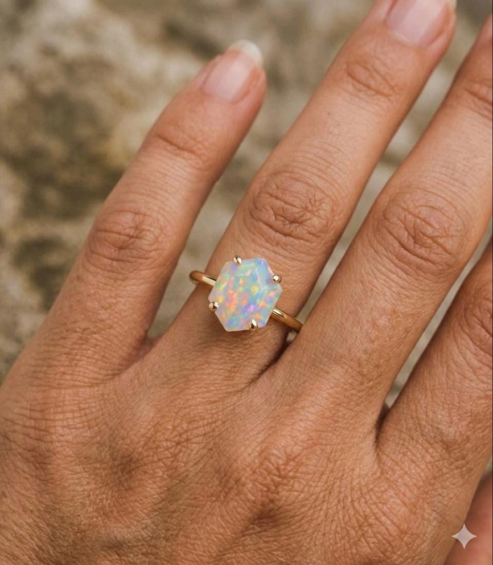 Hexagon Ethiopian Opal Ring, Gold Dainty Band, Minimalist Promise Ring