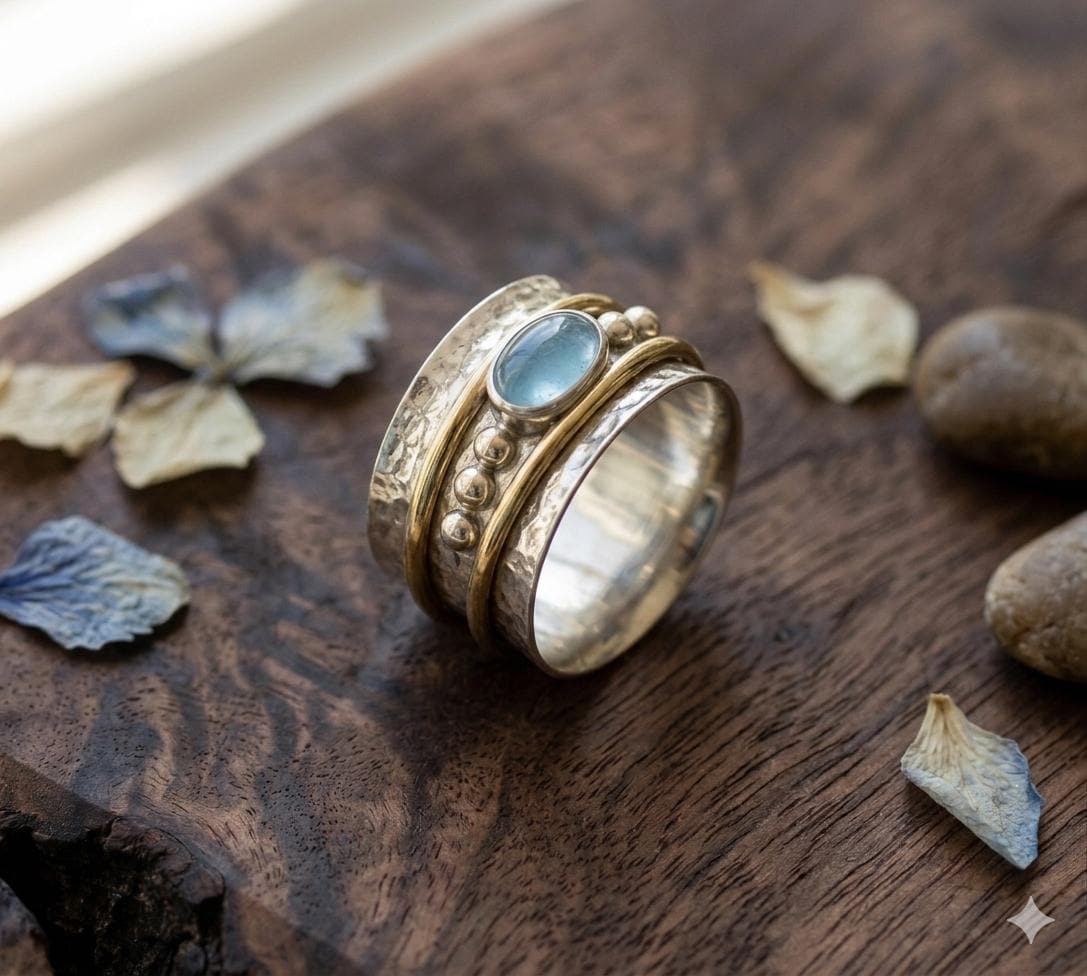 Natural Aquamarine Spinner Ring, Hammered Sterling Silver Boho Statement Jewelry