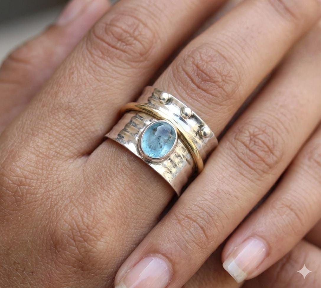 Oval Blue Topaz Spinner Ring, Hammered Sterling Silver Boho Statement Jewelry