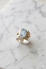 Blue Topaz Emerald Cut Spinner Ring, Two-Tone Sterling Silver Wide Band