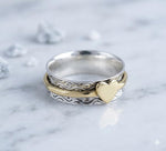 Sterling Silver Heart Spinner Ring, Two Tone Anxiety Fidget Band, Hammered Boho Style
