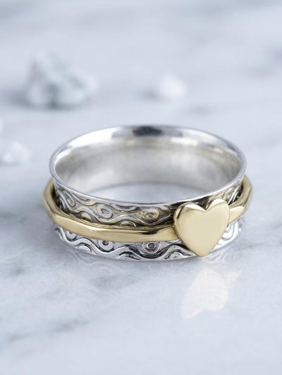 Sterling Silver Heart Spinner Ring, Two Tone Anxiety Fidget Band, Hammered Boho Style
