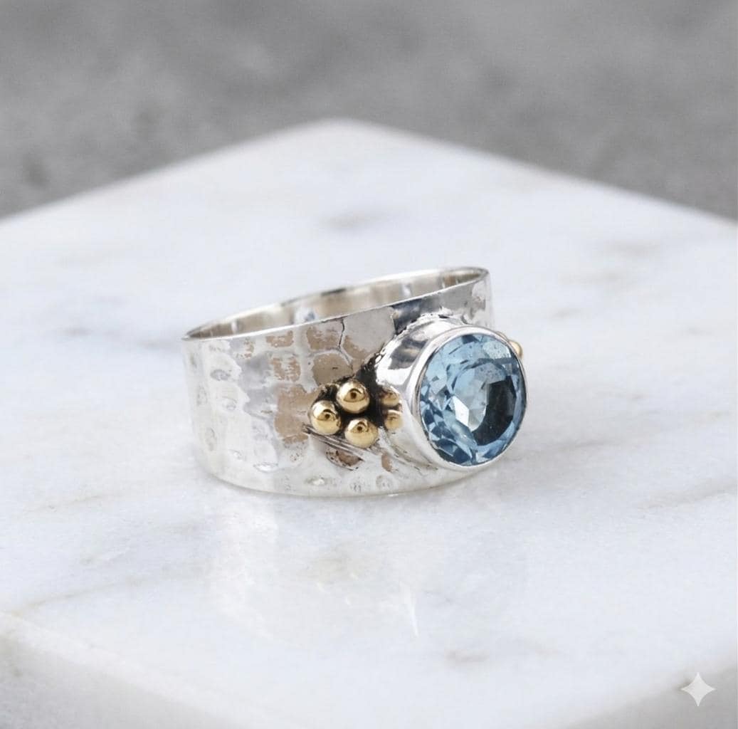 Hammered Sterling Silver Blue Topaz Ring, Gold Accents, Wide Band Statement Jewelry